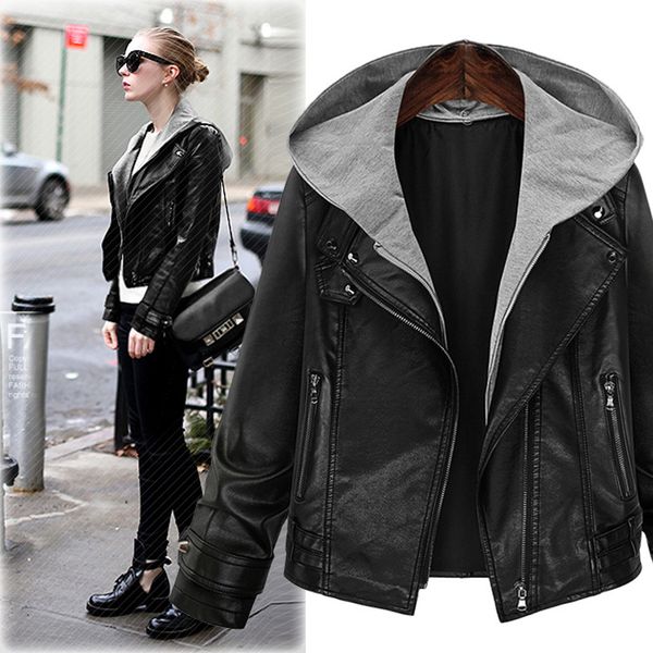 

fashion casual faux leather biker jacket full sleeve punk womens coat short zipper winter pu leather jackets womens, Black
