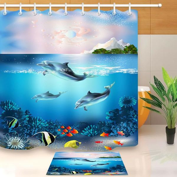 

tropical underwater dolphin fabric shower curtain set bathroom decor accessories