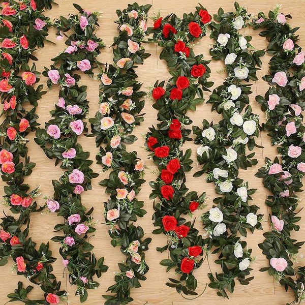 

1pc 11heads fake silk roses ivy vine artificial flowers with green leaves for home wedding decoration hanging garland decoration