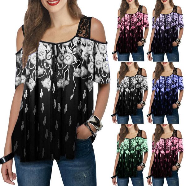 

мода блузка женщины 2020 плюс размер цветочный принт рябить с коротким рукавом топы дамы свободные блузки летняя одежда s-2xl, White