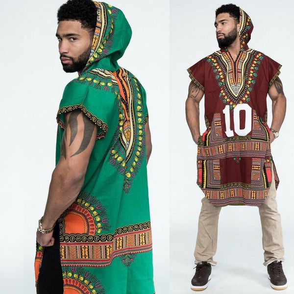 

2019 trendy print casual summer mens hipster hip hop african dashiki crew neck elongated longline hoodie, Black