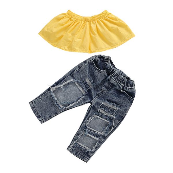 

1-6y summer new toddler baby girl kid clothes sets yellow off shoulder crop broken hole jeans pants outfit summer clothes, White