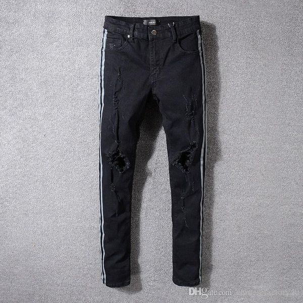 

мужские джинсы дизайнер ripped man hip hop jeans тонкого denim straight байкер брюки ami мотоцикл черные джинсы с белым бримом, Blue