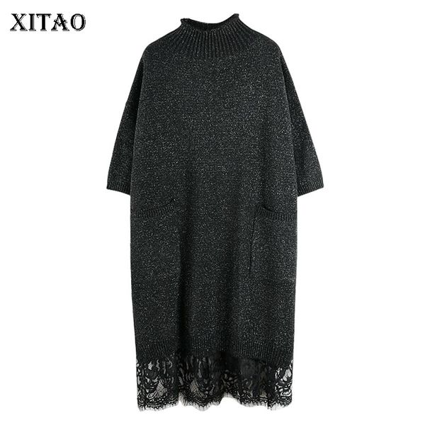 

xitao lace stitching half sleeve knitwear dress women fashion loose plus size ladies dresses korean style women clothes gcc2539, Black;gray