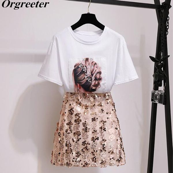 

high street women high waist zipper sequined bodycon mini skirt + character appliques sequines t-shirt two piece set 2020 summer, White
