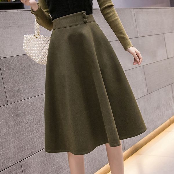 

streetwear midi skirts womens autumn winter high waist woolen skirt plus size elegant korean ladies skirt jupe femme, Black