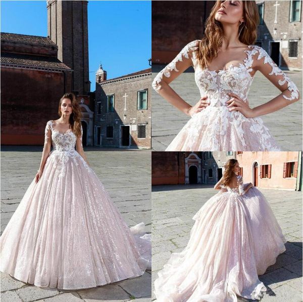 

ricca sposa sparkly wedding dresses ball gown lace applique 3/4 sleeve sequins bridal gowns church wedding dress vestidos de novia, White