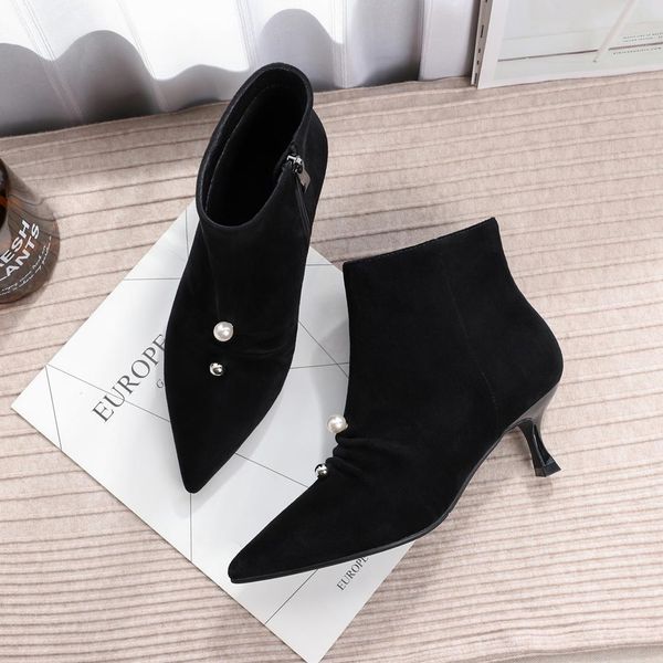 

low heels boots shoes women ankle 2019 fashion ankle boot pearl flock 5cm autumn thin heel zipper pointed toe short booties, Black