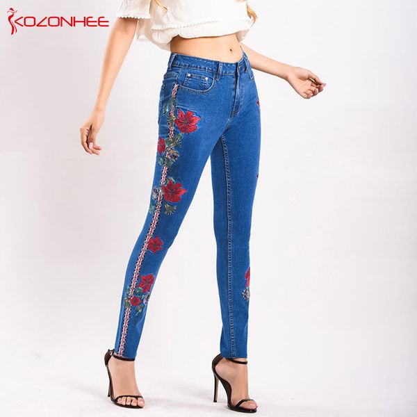 

fashion embroidery jeans women tight stretch side stripe mid waist elasticity jeans women #040, Blue