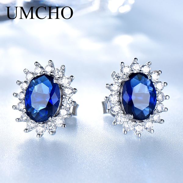 

UMCHO Luxury Genuine 925 Sterling Silver Earrings for Women Blue Sapphire Diana Wedding Party Jewelry Romantic Gift Fine Jewelry CJ191223, Golden;silver
