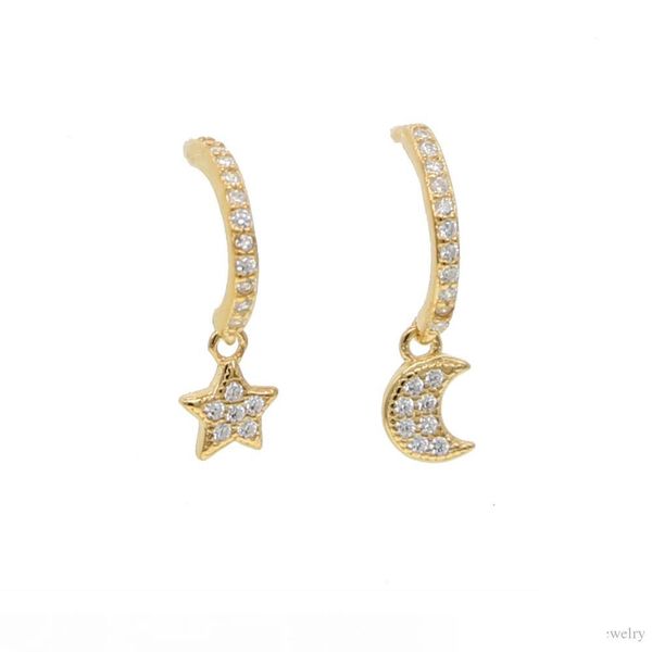 

floating moon star charm 925 sterling silver earring minimal dainty delicate tiny moon star drop cute girl gift silver jewelry, Golden;silver