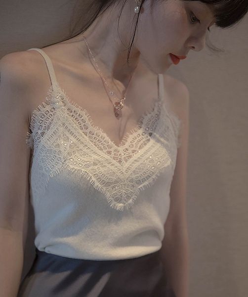 

fashion womens blouse v-neck vest sleeveless lace knitting shirt blouse casual off shoulder new fashion, White