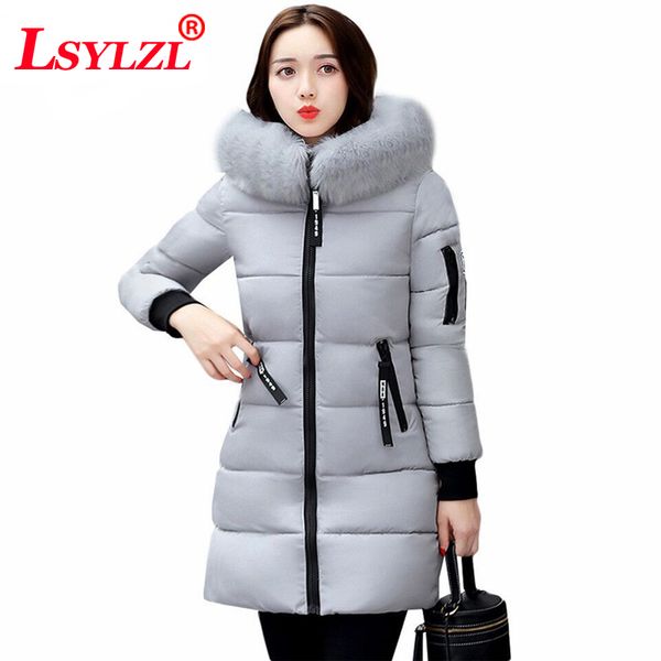 

2018 winter jacket women cotton coat plus size fur collar hooded parka female long slim quilted jackets zipper warm outwear b999, Black
