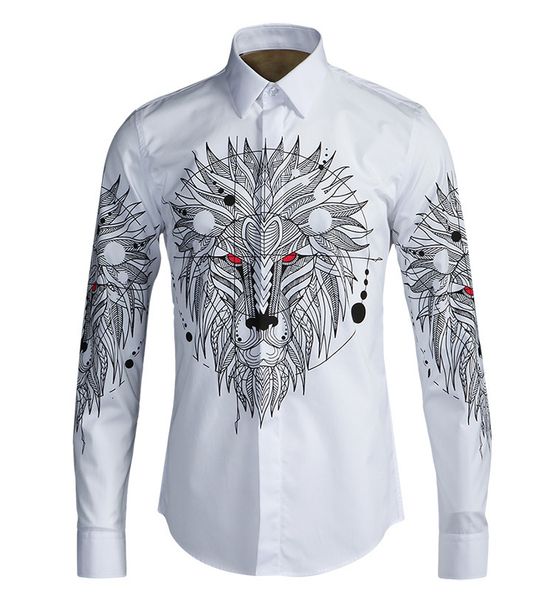 

men shirt luxury lion printing mens shirts fashion allover printed long sleeve mens dress shirts plus size 4xl man, White;black