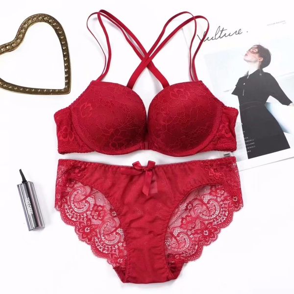

lace lingerie set front buckle without rim underwear two kinds of wearing bra gathered adjusting type receiving bra and panties, Red;black