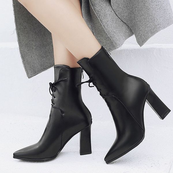 

combat boots women fall 2019 ankle studded lace up black boots punk block shoes gothic winter footwear female rubber boots#g7