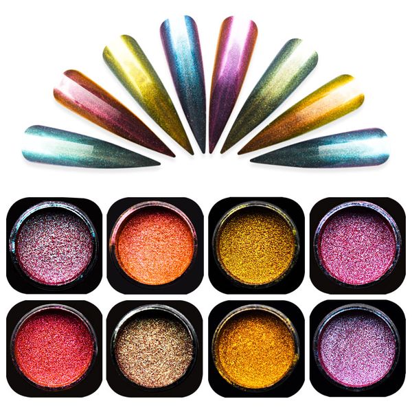 

0.3g/box chameleon nail glitter powders 8 colors mirror effect nail chromes pigment dust diy art decorations sf3090, Silver;gold