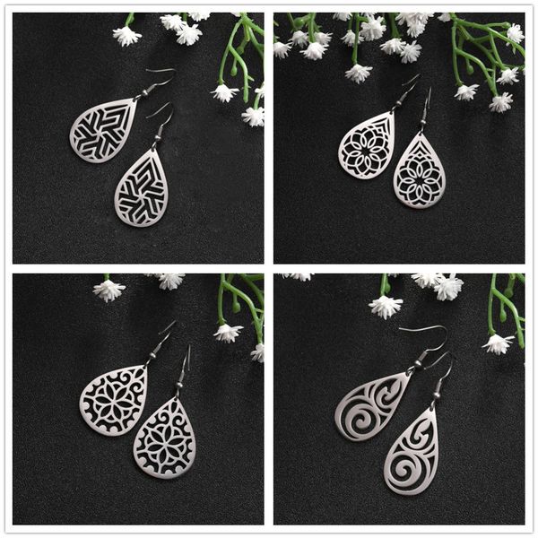 

my shape ethnic flower hollow statement earrings stainless steel vintage dangle earrings gold black ear jewelry pendientes mujer, Silver