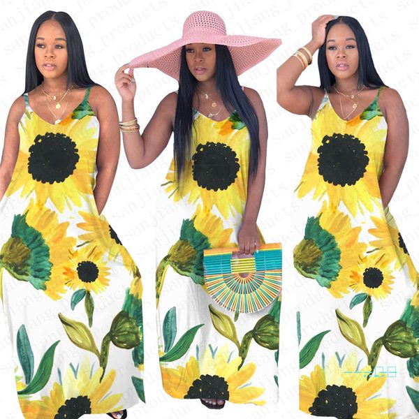 

women long dress clothing casual summer sleeveless sunflower printed dresses skirt bodycon party beach suspender floor-length skirts d5507, Black;gray
