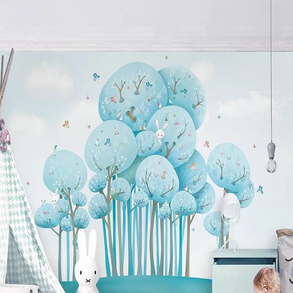 

custom large mural 3d wallpaper nordic cartoon light blue woods rabbit child bedroom mural tv back wall decor deep 5d embossed