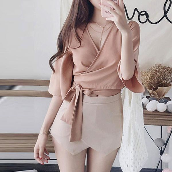 

women's blouses & shirts korean women blouse v-neck cross short wild chiffon shirt flare sleeve fashion elegant casual criss-cross bow, White