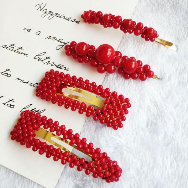

1pc fashion red hair clip for women elegant korean design snap barrette stick hairpin hair styling accessories, Golden;white