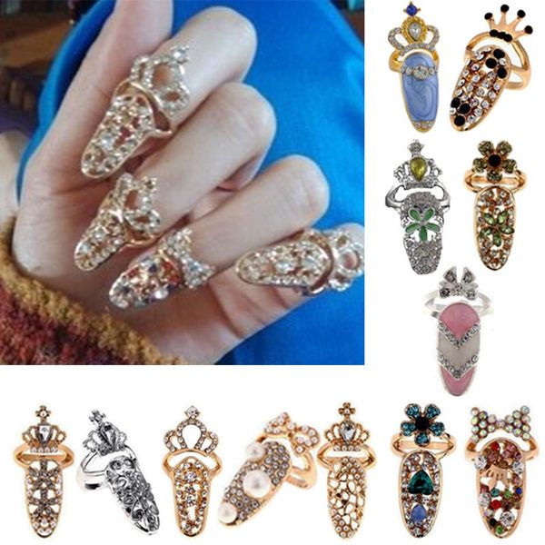 

1pc crystal fake nail stylish exquisite ring jewelry exquisite diamond nail cover tail ring joint crown armor accessories, Red;gold