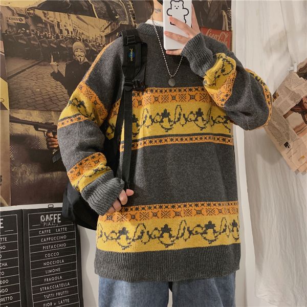 

winter thick sweater men warm fashion retro casual o-neck knitted pullover man wild loose long-sleeved sweater male clothes, White;black