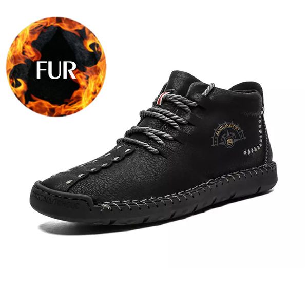 

2019 winter men boots genuine leather fur snow boots lace up waterproof footwear male casual men shoes fashion big size 38-50, Black