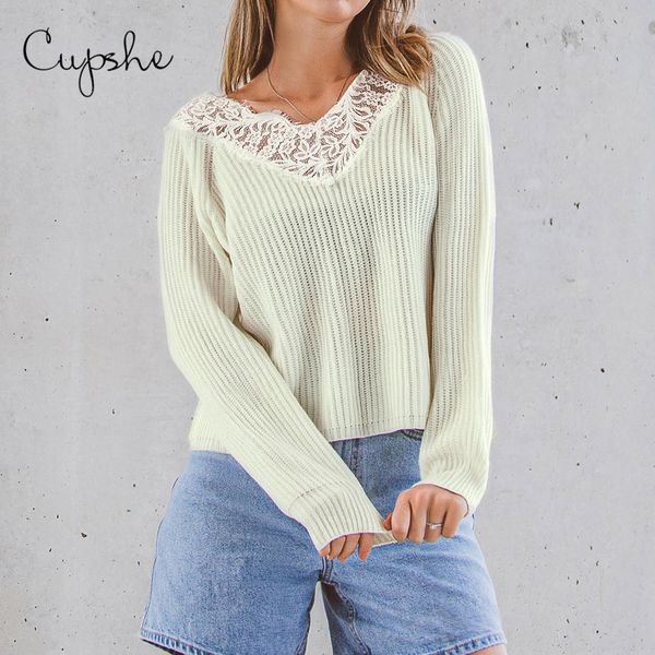 

cupshe white lace v-neck sweater women casual loose long sleeve knitted pullover 2019 autumn winter fashion female sweaters, White;black