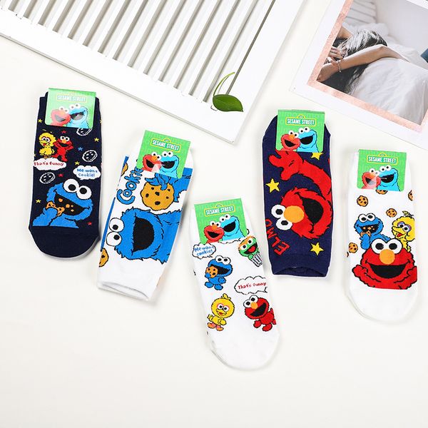 

корейский мультфильм улица сезам печати носки elmo cookie monster cute смешные женщин носки весна лето дышащий хлопок носки, Black;white