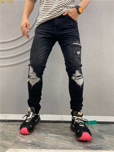 

2020 new arrival fashion famous designer ripped skinny cool guy jeans causal hole denim jeans washed hip pop mens jeans 9329v3, Blue