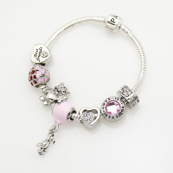 

7 style charm bracelet 925 silver pandora bracelets for women royal heart-shaped bracelet crystal beads diy european charm beads with box, Black