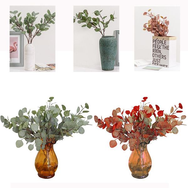 

1pc 2 branches artificial eucalyptus leaf autumn fake leaves decorative fake plants for home shop garden party decor