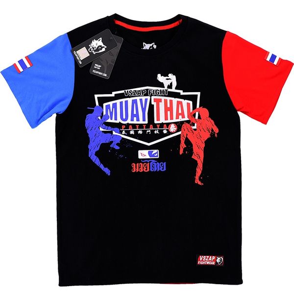 

vszap men muay thai mma jersey boxing mma sleeve fight wear tiger muay thai t shirt wolf boxing robes, Black;red