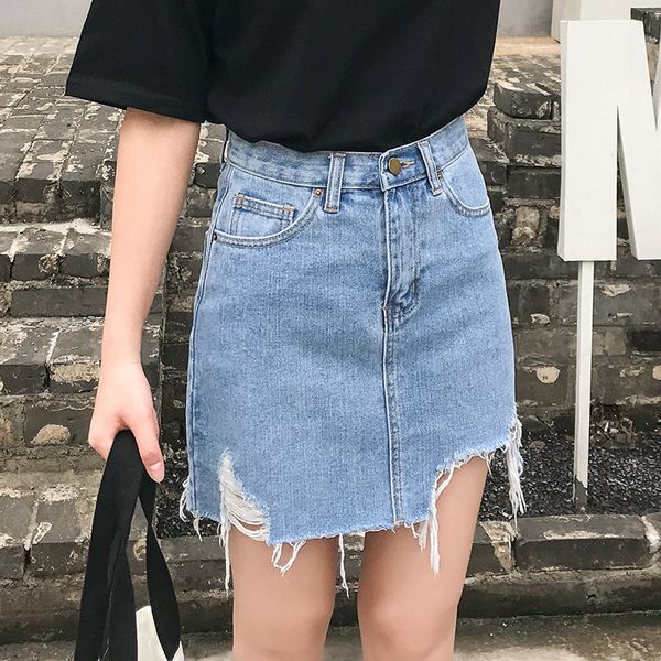 

sumemr women tassel denim jean mini skirts single button asymmetry beggar ripped casual pencil umbrella feminino, Black