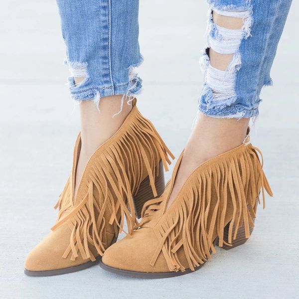 

2019 new women shoes retro fringe suede high heel ankle boots mid heel short boots tassel women shoes female 35-43, Black