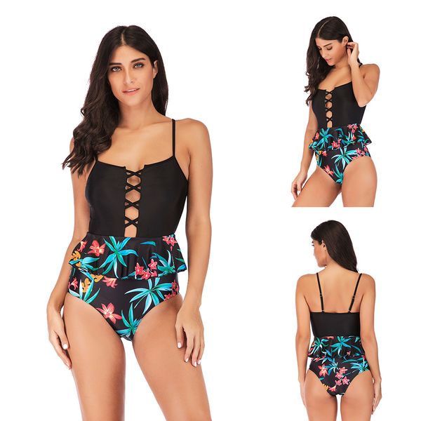 

2019 women plus size one piece swimsuit print patchwork swimwear hollow out bathing suit 5xl push up beach wear, White;black