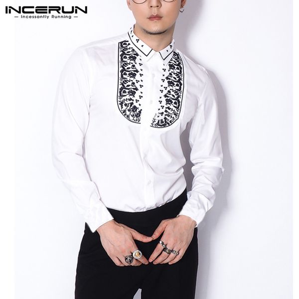 

incerun fashion men dress shirt printed lapel long sleeve 2019 button streetwear blouse wedding party french shirts men camisa, White;black