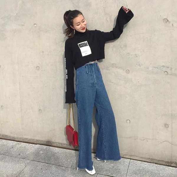 

wide leg jeans 2017 bf women high waist tassel denim pants jeans pants full-length trousers pantalones mujer boyfriend x50, Blue