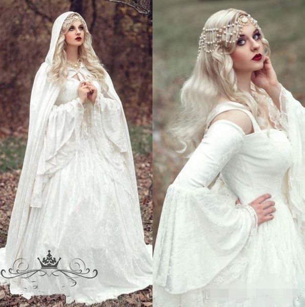 

vintage gothic wedding dresses long julit sleeves lace satin straps sweep train with cape wedding bridal gown vestido de novia, White