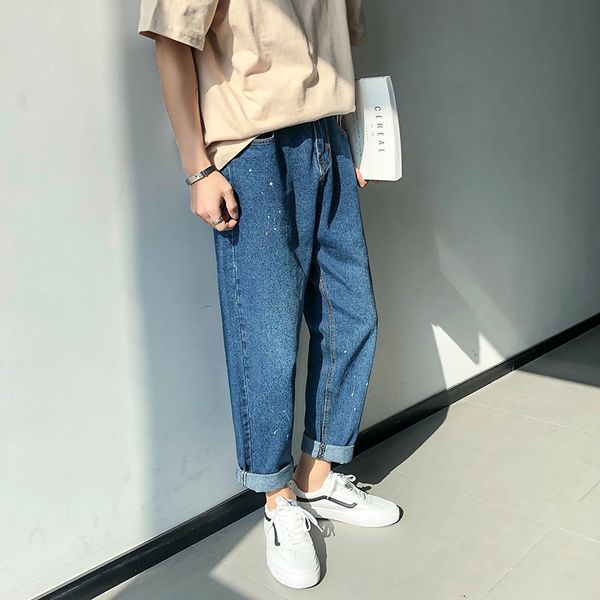 

прямые джинсы мужская мода промытые сплошной цвет ретро повседневные джинсы уличная дикая свободная хип-хоп джинсовые брюки мужские s-4xl, Blue