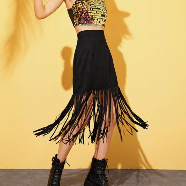 

2019 womens a-line skirts tassel stitch skirt tassel solid beach pleated high waisted black jupe femme elastique faldas #0729