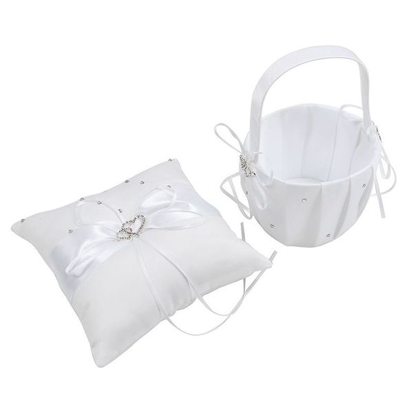 

new-2 heart rhinestones ivory satin flower girl basket and ring pillow set bleach