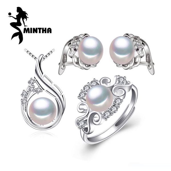 

mintha 925 sterling silver earrings natural pearl jewelry sets for women bohemian jewelry sets stud earrings party rings, Black