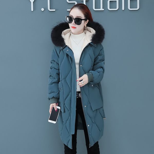 

women solid hoodies down coat 2019 new winter fashion splice fur collar zipper button pockets thickening long loose outerwear, Black