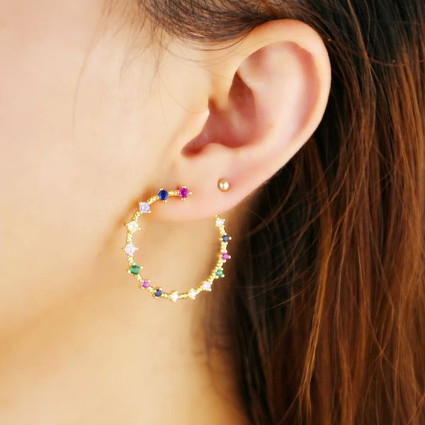 

luxury wholasale women girls jewelry gold silver 2 colors gorgeous hoop earrings micro paved rainbow colorful cz chic party gift, Golden;silver
