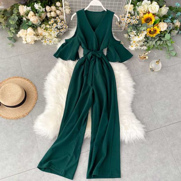 

fashion 2020 v neck off shoulder summer full length bandage jumpsuit sashes casual women playsuit beach holiday tie romper, Black;white