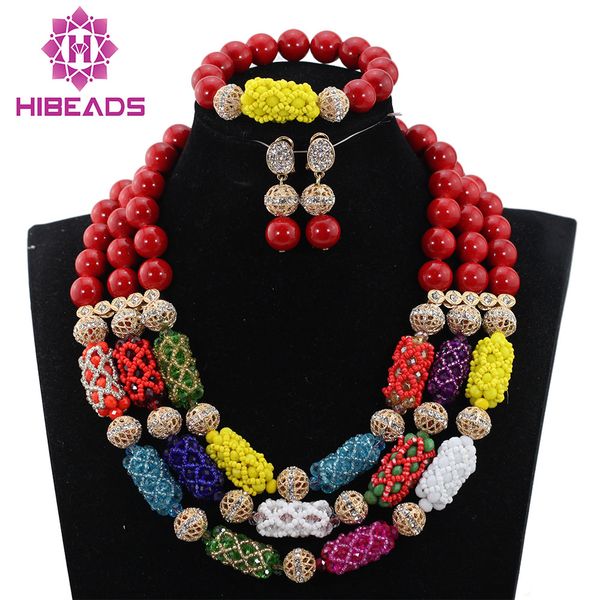 

multicolor crystal beaded chunky statement necklace set red african beads jewelry set valentines day gift wd576, Slivery;golden