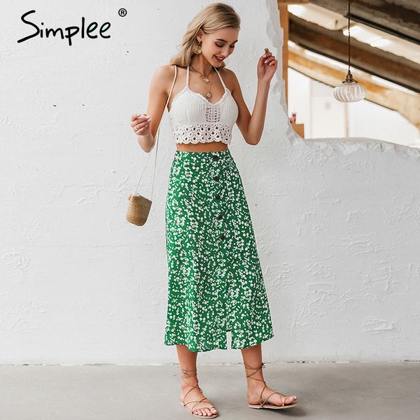 

simplee buttons floral print women skirt high waist spring summer female midi skirts holiday a-line ladies skirts bottoms 2020, Black